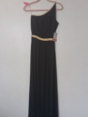 One-Shoulder Navy Blue Evening Gown with Gold Trim
